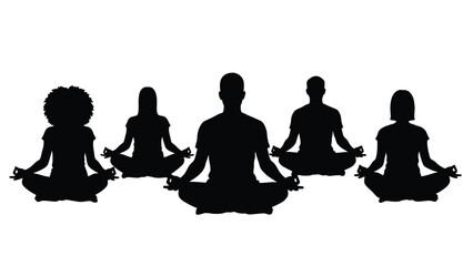 Group of diverse people meditating in lotus pose silhouette isolated on white background
