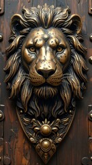 Bronze lion head door knocker on a dark wooden door