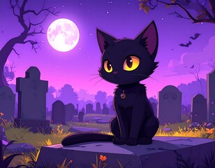 Cartoon black cat sits calmly in a graveyard at night under a full moon