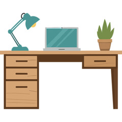Wooden Desk with Modern Lamp Laptop and Potted Plant Minimalist Office Workspace Flat Illustration Clean Design