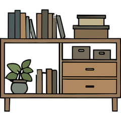 Wooden Bookshelf with Books Potted Plant and Storage Boxes Minimalist Illustration Cozy Home Decor Neutral Tones on Black Background