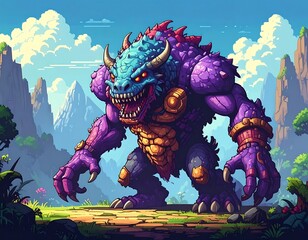 Cartoonish illustration of a menacing, horned, purple monster