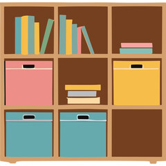 Wooden Bookshelf With Colorful Books And Storage Boxes Organized Interior Home Decor Furniture In Natural Light