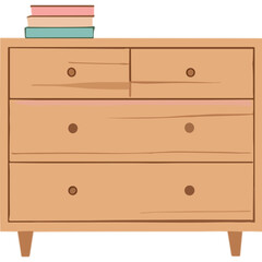 Wooden Dresser With Stacked Books Natural Wood Finish And Simple Drawer Pulls In Light Neutral Tones Neutral Background With Subtle Texture