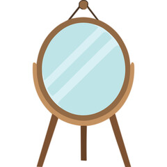 Wooden Framed Round Mirror with Light Blue Reflection on a Stand with Dark Brown Legs