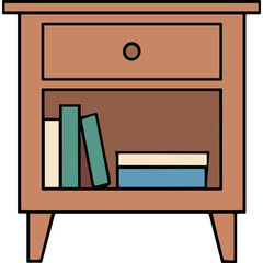 Wooden Nightstand With Drawer And Open Shelf Displaying Books And A Box On A White Background Simple Flat Illustration