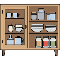 Wooden Kitchen Cabinet Filled With Assorted Jars Cups Bowls And Dishes In A Neutral Color Palette And Simple Flat Illustration Style