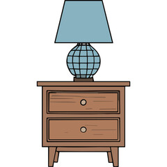 Wooden Nightstand With Two Drawers Featuring A Blue Lampshade And A Globe Shaped Lamp Base Illuminated In A Dimly Lit Room With A Dark Background