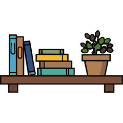 Wooden Shelf Displaying Stacked Books and Potted Plant with Green Leaves Against a Solid Background