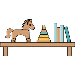 Wooden Rocking Horse Toy and Stackable Ring Toy on a Shelf Next to Colorful Books in Pastel Tones on a Black Background