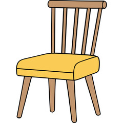 Wooden Spindle Back Dining Chair With Yellow Cushioned Seat Simple Flat Design Isolated On Black Background