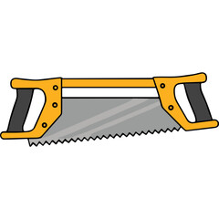 Yellow and Black Bow Saw With Gray Blade Isolated On Black Background With Detailed Teeth And Textured Handles For Woodworking And Construction Tasks
