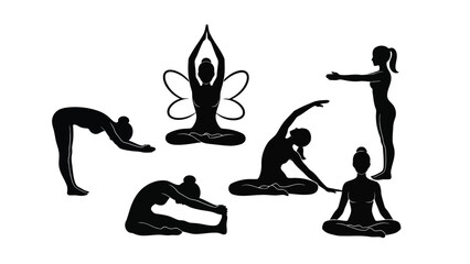 Collection of diverse yoga poses silhouette isolated on white background
