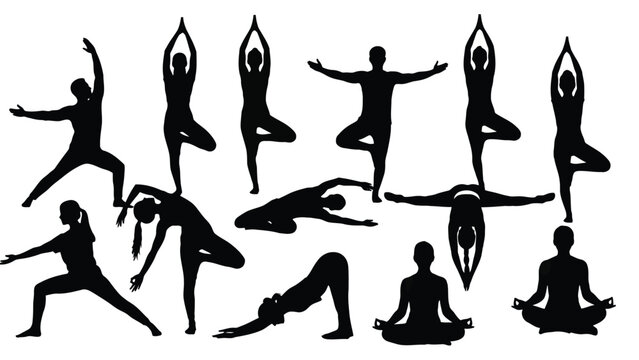 Collection of diverse yoga poses silhouette isolated on white background - Powered by Adobe