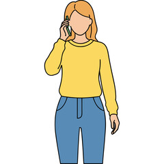 Woman Wearing A Yellow Long Sleeve Sweater And Blue Jeans Talking On A Green Cell Phone In A Transparent Background