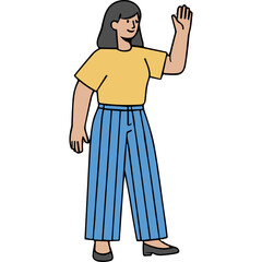 Woman Wearing A Yellow T Shirt And Blue Striped Wide Leg Pants Waving Hello With A Smile Against A Solid Black Background