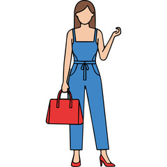 Woman Wearing Blue Overalls and Holding a Red Handbag with a Black Background and Transparent Background