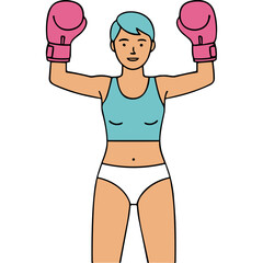 Woman Wearing Pink Boxing Gloves and White Underwear Standing With Arms Raised In A Victory Pose A Studio Shot Isolated On A Black Background With Flat Design Illustration Style