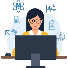 Woman Wearing Glasses Working on Computer With Science Symbols Floating Around Her Head Yellow Shirt and Blue Background