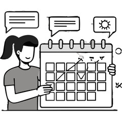 Woman with Calendar Planning Daily Schedule Appoiments and Tasks with Chat Bubbles and Sun Icon Symbolizing Good Weather and Time Management Concept in Gray Scale and Minimalist Style