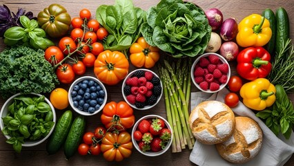 A colorful bounty of farm-fresh vegetables, fruits, and bread on a wood table