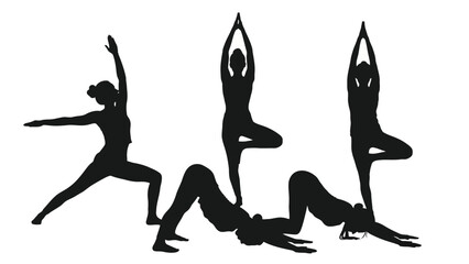 Fototapeta premium Group of women performing yoga poses silhouette isolated on white background