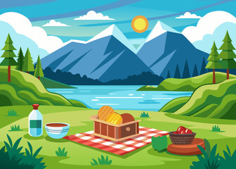 Picnic setup on grassy field near lake with mountain view, cozy blanket and basket