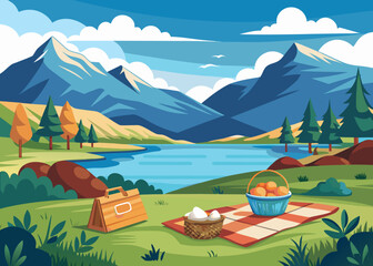 Picnic setup on grassy field near lake with mountain view, cozy blanket and basket