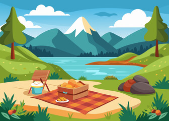 Picnic setup on grassy field near lake with mountain view, cozy blanket and basket