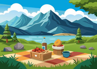 Picnic setup on grassy field near lake with mountain view, cozy blanket and basket