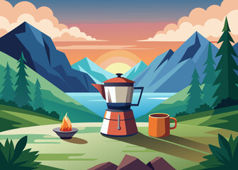 small camping stove brewing coffee at mountain view 