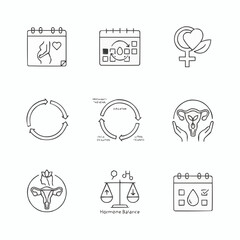 Icons depicting pregnancy, ovulation, and hormone balance in outline style