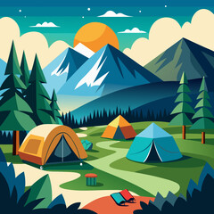 tent camp with a mountain view