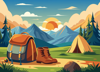 boots and traveler's bag with mountain view in the morning
