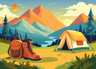 boots and traveler's bag with mountain view in the morning