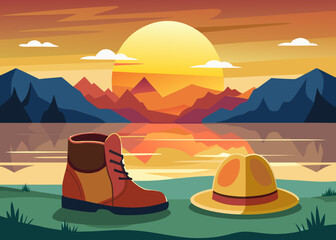 traveler boots and hat beside a calm lake with golden sunset