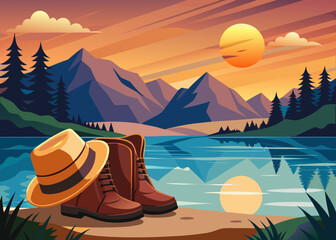 traveler boots and hat beside a calm lake with golden sunset