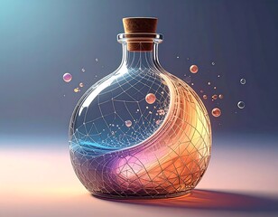 Clear glass bottle with cork, abstract forms and a network inside