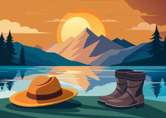 traveler boots and hat beside a calm lake with golden sunset