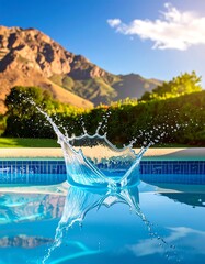 Clear water splash in pool reflecting sunlight, with mountain