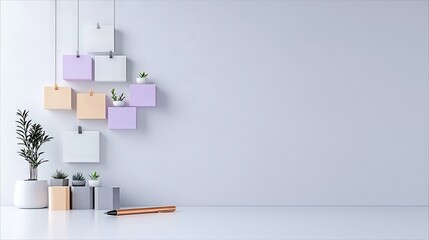 Minimalist Workspace with Plants, Notes, and Pen