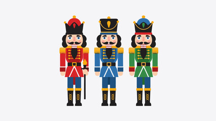 Three Decorative Nutcracker Figures in Red, Blue, and Green Uniforms on a White Background