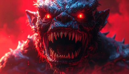 Close-up of a demonic creature with glowing eyes, fearsome teeth
