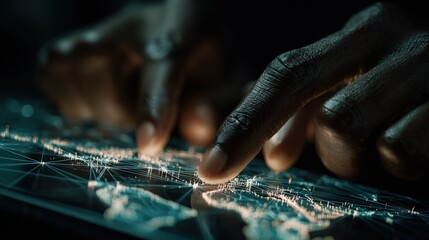 Person interacting with a glowing digital representation of a global network on a dark screen