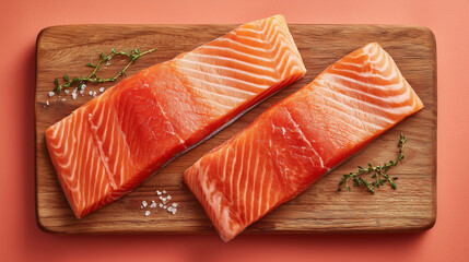 two salmon fillets on a wooden board. pink background