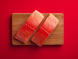 two salmon fillets on a wooden board. pink background