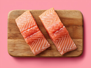 two salmon fillets on a wooden board. pink background