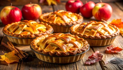 Close-up of four mini lattice-top baked fruit pies with apples