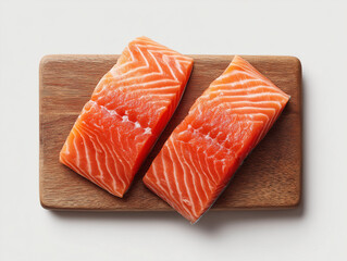 two salmon fillets on a wooden board. white background