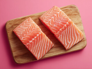 two salmon fillets on a wooden board. pink background